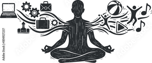 Abstract vector illustration of a meditating figure surrounded by icons representing technology, business, and creativity for wellness concepts