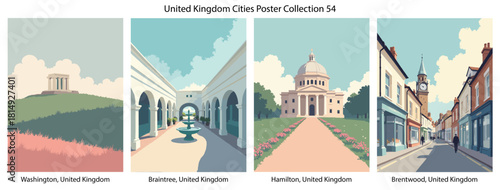 Washington, United Kingdom, Braintree, United Kingdom, Hamilton, United Kingdom, Brentwood, United Kingdom Flat Vector Poster Collection
