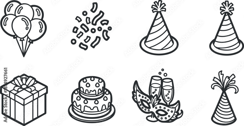 Naklejka premium Outline vector icon set featuring festive elements like balloons, cake, gift box, and party hats for celebration themes