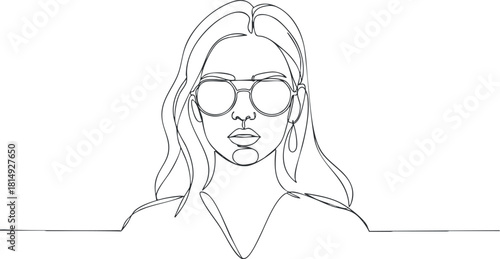 Minimalist line art illustration of a woman wearing sunglasses, showcasing modern fashion and elegance for design projects.