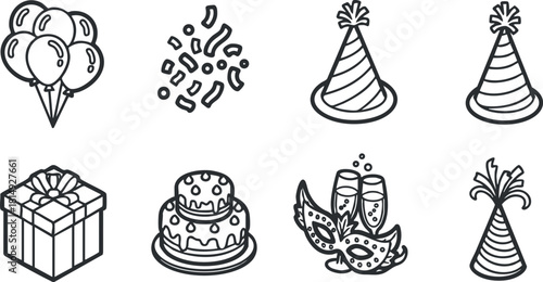 Outline vector icon set featuring festive elements like balloons, cake, gift box, and party hats for celebration themes