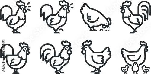 Set of minimalist outline vector icons featuring various chicken and rooster designs for agricultural and farm-themed projects