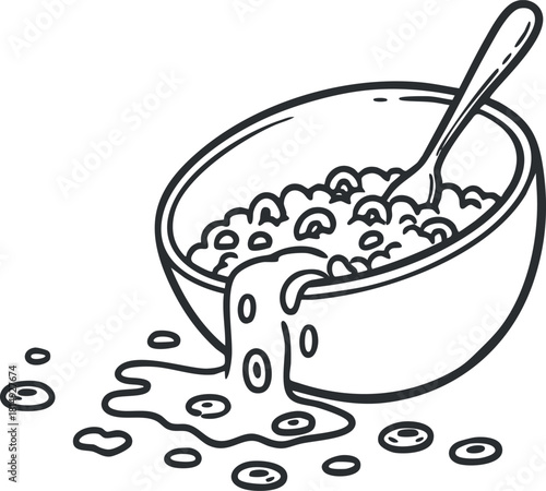 Outline vector illustration of a bowl of cereal with milk and a spoon, perfect for food and nutrition themes