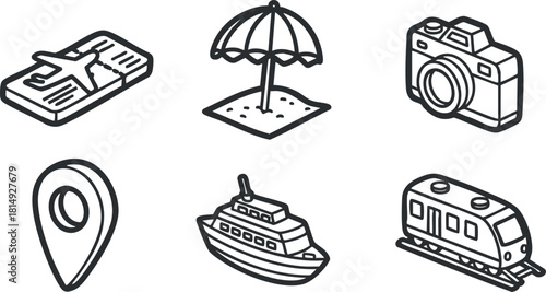 Outline vector icon set featuring travel and vacation symbols like a camera, beach umbrella, map, boat, and train