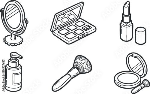 Hand-drawn vector illustration of cosmetic tools including a mirror, lipstick, and makeup palette for beauty design projects