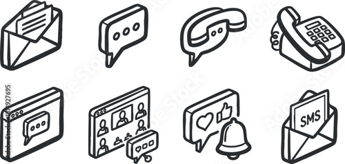 Outline vector icon set illustrating various communication methods including email, messaging, phone calls, and notifications for digital design projects