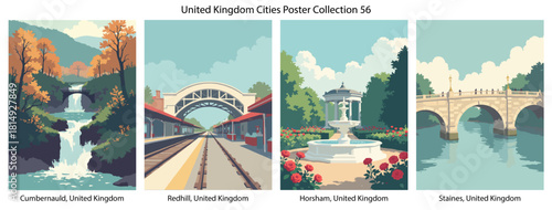 Cumbernauld, United Kingdom, Redhill, United Kingdom, Horsham, United Kingdom, Staines, United Kingdom Flat Vector Poster Collection