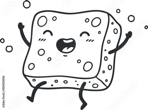 Cute cartoon vector illustration of a happy sponge character surrounded by bubbles, perfect for cleaning or kitchen-themed designs