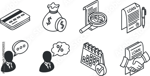 Line art vector icon set depicting financial concepts including loans, credit cards, money management, and business agreements.