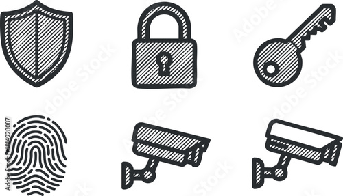 Hand-drawn vector icon set featuring security symbols including shield, padlock, key, fingerprint, and surveillance cameras for safety and protection themes.