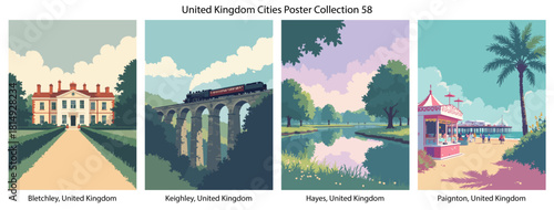 Bletchley, United Kingdom, Keighley, United Kingdom, Hayes, United Kingdom, Paignton, United Kingdom Flat Vector Poster Collection