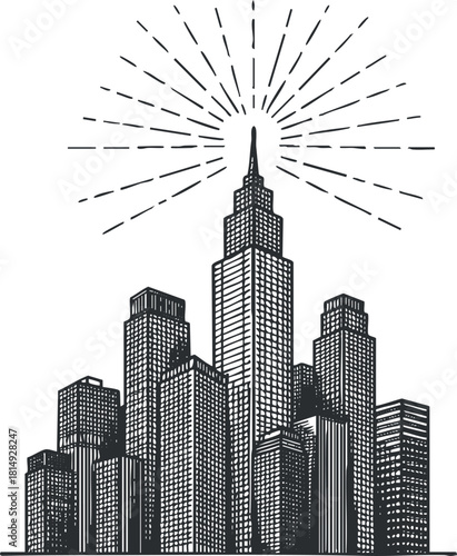 Stylized black and white vector illustration of a city skyline with sun rays, ideal for urban-themed design projects.