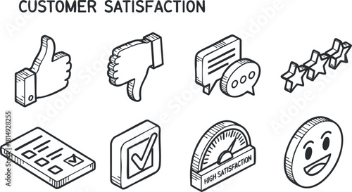 Set of modern vector icons representing customer satisfaction concepts, including thumbs up, check mark, and happy emoticons.