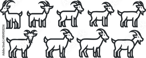 Collection of playful goat vector icons in a minimalist outline style for agricultural and wildlife themes