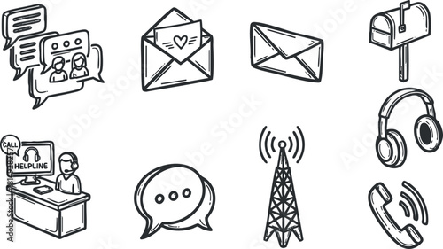 Set of modern vector icons representing communication themes including chat, email, call center, and wireless signals for digital projects.