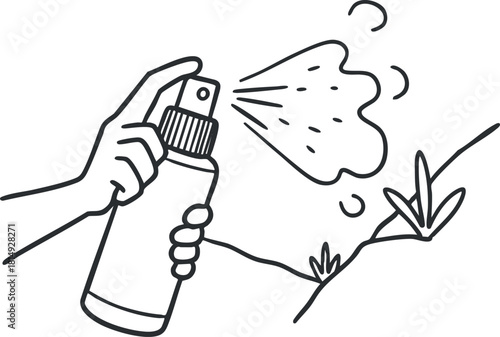 Outline vector illustration of a hand holding a spray bottle for gardening and plant care purposes