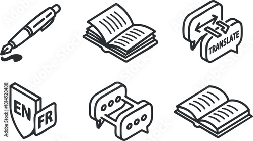 Set of vector icons depicting translation tools including a pen, open book, and language symbols for educational use