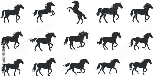 Stylized silhouette vector illustration collection of horses in various poses for seamless patterns and design projects