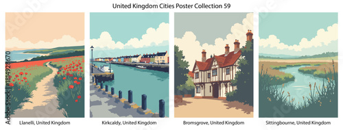 Llanelli, United Kingdom, Kirkcaldy, United Kingdom, Bromsgrove, United Kingdom, Sittingbourne, United Kingdom Flat Vector Poster Collection