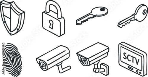 Modern flat design vector icon set featuring security elements like cameras, locks, keys, and fingerprints for safety and surveillance projects