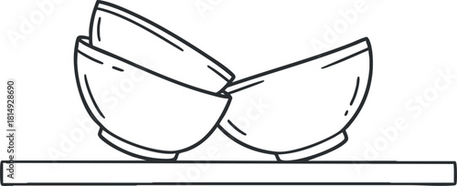 Minimalist line art illustration of stacked bowls on a table, ideal for kitchenware and cooking design projects