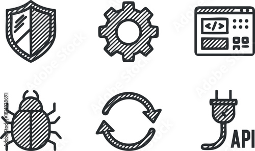 Modern flat vector icon set featuring technology symbols including bug, shield, gear, and API for design projects