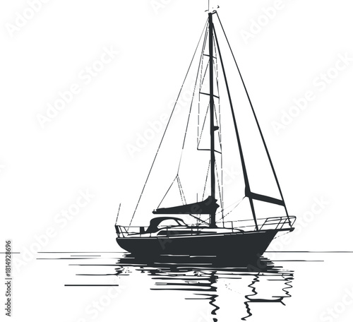 Stylized black and white vector illustration of a sailboat with reflection on water surface, ideal for nautical themes and design projects