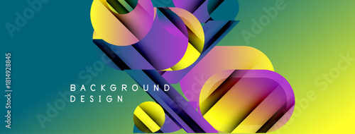 Abstract colorful design features layered shapes. Gradient background transitions from teal to yellow. Text reads background design. Modern visual composition.