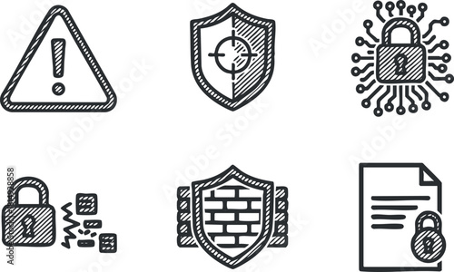 Outline vector icon set featuring cybersecurity symbols such as locks, shields, and warning signs for digital safety and protection.