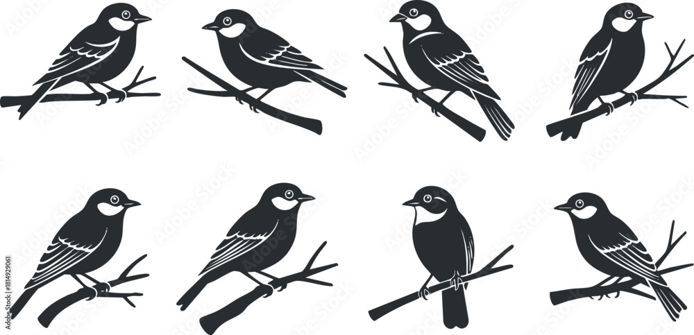 Obraz premium Set of black silhouette vector illustrations of birds perched on branches, ideal for nature-themed design projects.