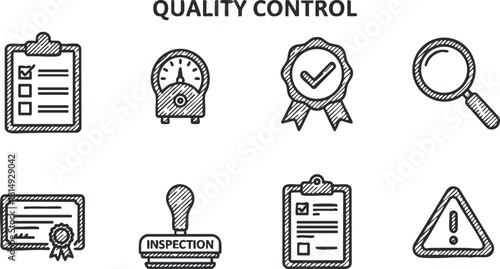 Set of hand-drawn quality control vector icons including checklist, inspection badge, certificate, and safety symbols for business and management.