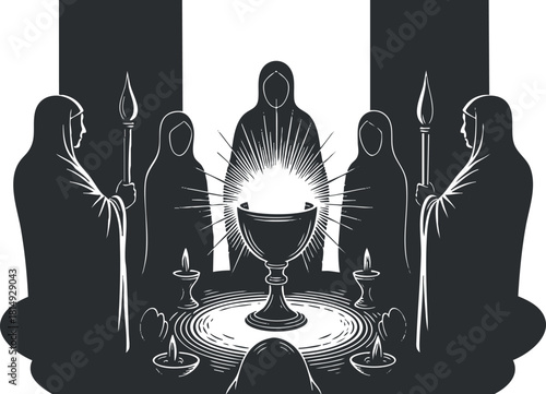 Stylized black and white vector illustration depicting a mystical ritual with hooded figures around a glowing chalice for occult themes