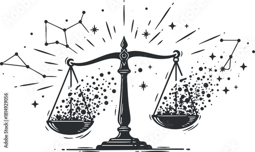 Stylized black and white vector illustration of symbolic scales of justice with cosmic elements and stars for legal and philosophical themes
