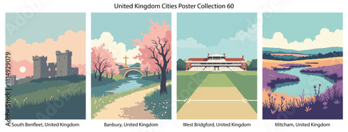 South Benfleet, United Kingdom, Banbury, United Kingdom, West Bridgford, United Kingdom, Mitcham, United Kingdom Flat Vector Poster Collection
