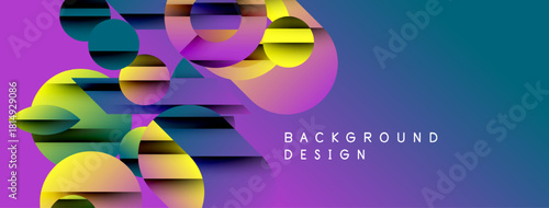 Abstract geometric shapes overlap, creating vibrant color gradients. Purple, yellow, green hues dominate design. Modern background texture.