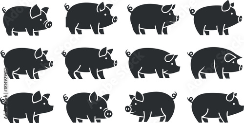 Cute silhouette vector icon set of playful pigs for farm-themed design projects and illustrations