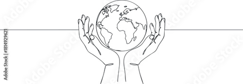 Outline vector illustration of hands holding the Earth, symbolizing care for the planet and sustainability.