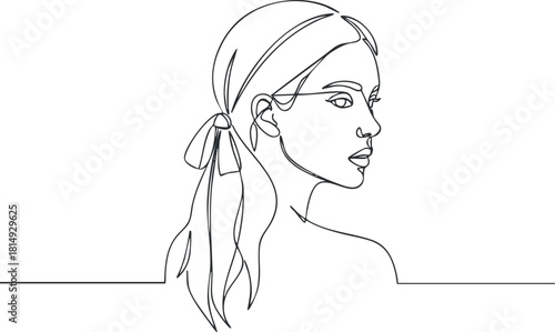 Minimalist line art illustration of a woman's profile with a stylish headband, perfect for fashion and beauty branding.