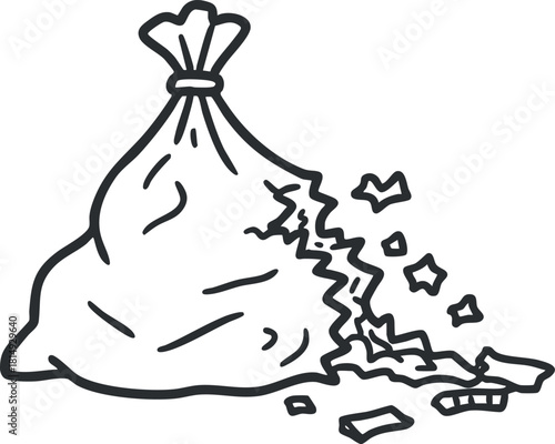 Outline vector illustration of a trash bag with waste, suitable for environmental and cleaning projects.