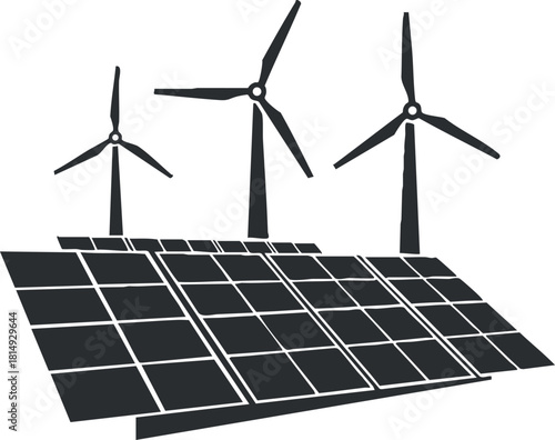 Vector illustration of solar panels and wind turbines representing renewable energy solutions for sustainable development.