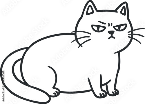 Outline vector illustration of a grumpy cat character in a minimalist style, perfect for pet-themed designs and graphics