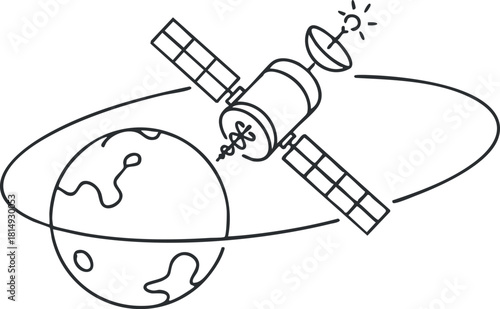 Minimalist line art vector illustration of a satellite orbiting Earth, ideal for technology and space exploration projects