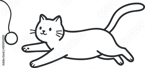 Playful line art vector illustration of a cat jumping after a toy ball, perfect for pet-related designs and graphics