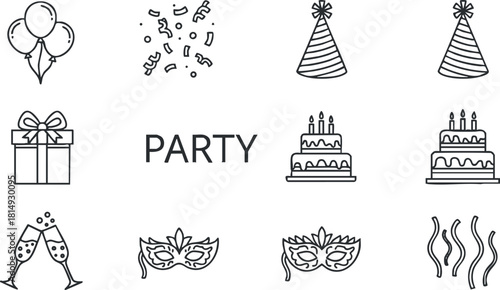 Set of minimalist outline vector icons for party themes including balloons, gifts, confetti, and celebration elements
