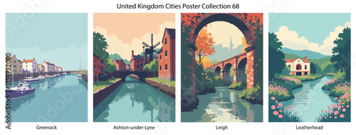Greenock, Ashton-under-Lyne, Leigh, Leatherhead Flat Vector Poster Collection