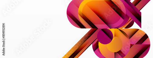 Abstract geometric shapes, vibrant colors blend. Orange, pink, brown tones create dynamic composition. Modern design elements present.