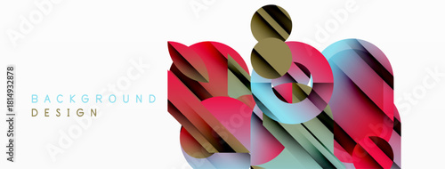 Abstract geometric shapes overlap, creating vibrant colorful background. Modern design utilizes gradients, shadows, layers.
