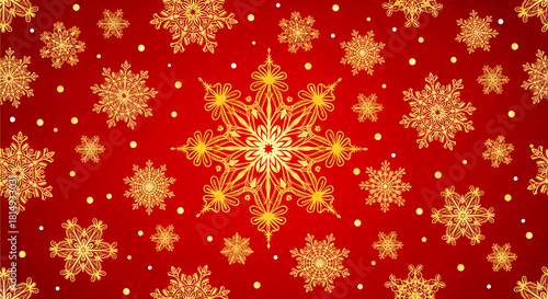 A vibrant holiday image featuring intricate gold snowflakes of various shapes and sizes scattered across a rich red backdrop, creating a warm, festive, and elegant seasonal atmosphere.