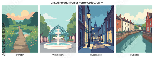 Urmston, Wokingham, Swadlincote, Trowbridge Flat Vector Poster Collection