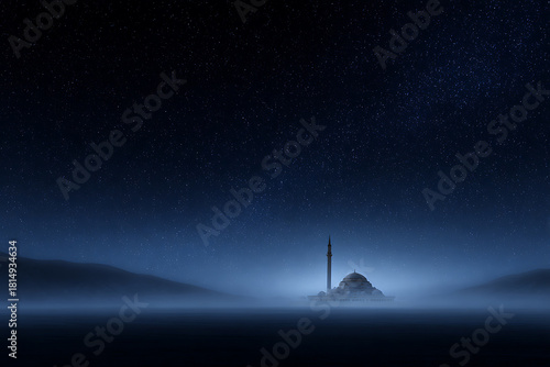 starry mosque sky, stars fill the night sky above the silhouette of a mosque, with a gentle blue mist and celestial glow